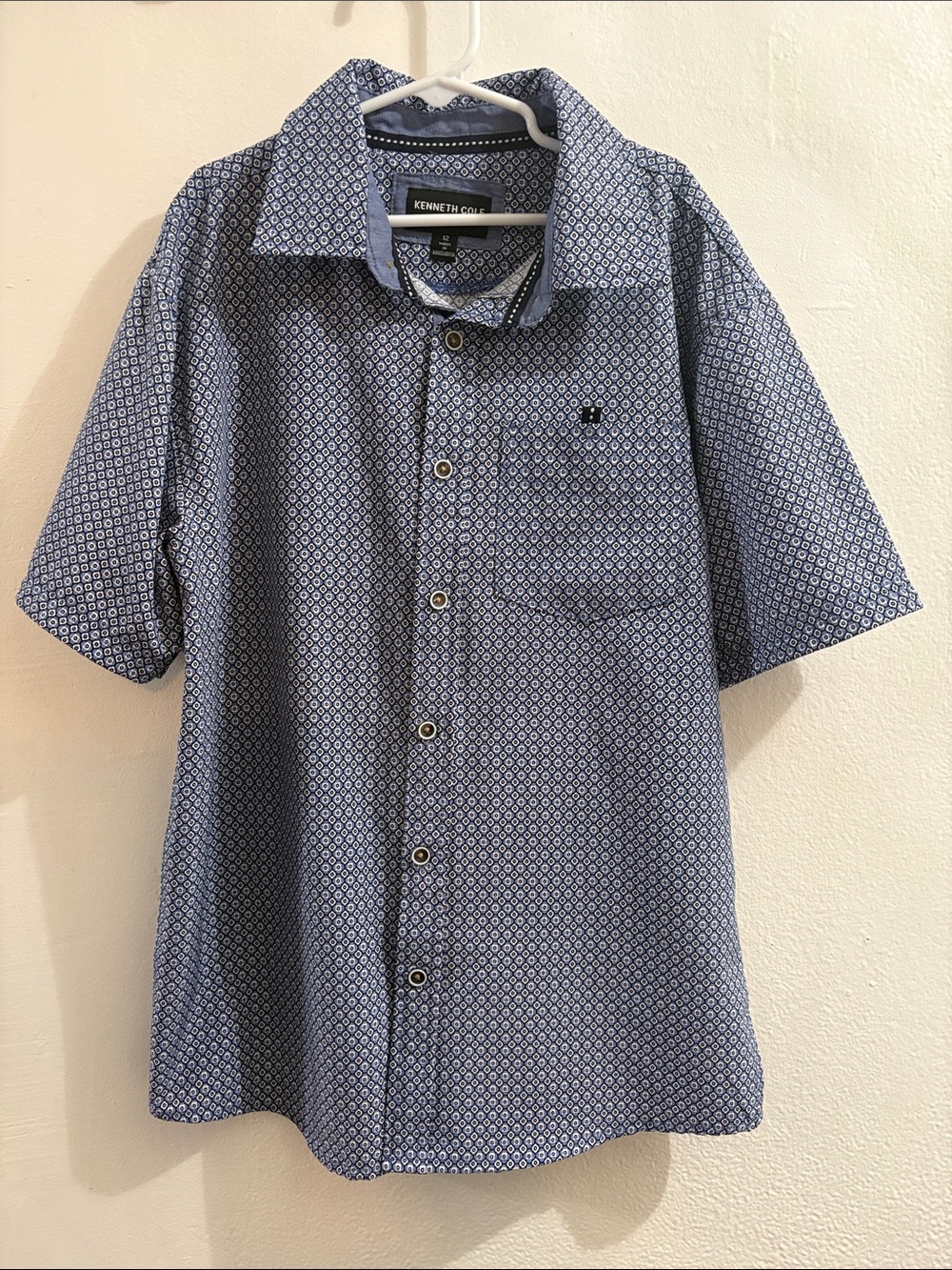 Kenneth Cole Boys Blue & White Micro Geo Short Sleeve Button-Down Shirt